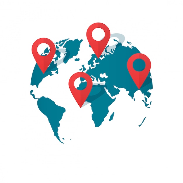 World map location pins vector or global gps transportation geo pointer flat cartoon