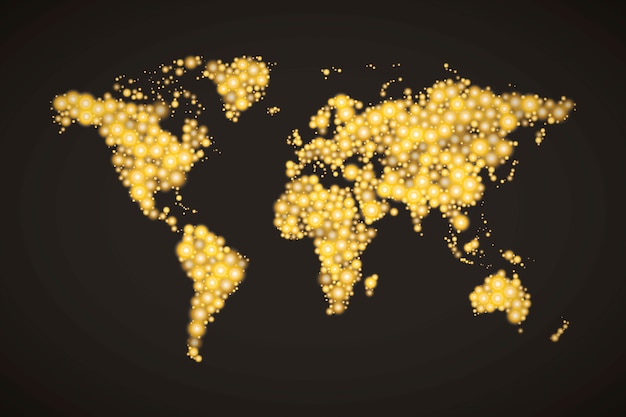 World Map made up from modern golden lights different sizes with bright glowing on dark background