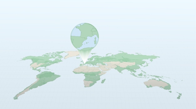 World map in perspective showing the location of the country Andorra with detailed map with flag of Andorra