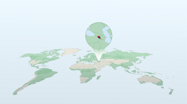 World map in perspective showing the location of the country Armenia with detailed map with flag of Armenia