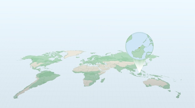 World map in perspective showing the location of the country Brunei with detailed map with flag of Brunei