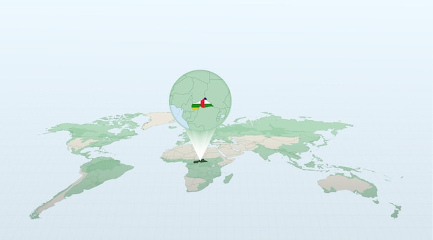 World map in perspective showing the location of the country Central African Republic with detailed map with flag of Central African Republic