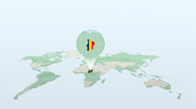 Vector world map in perspective showing the location of the country chad with detailed map with flag of chad