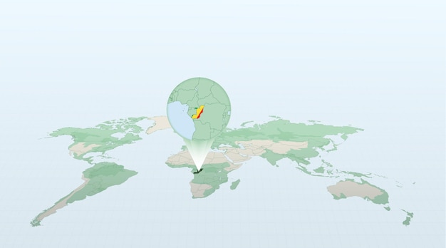 World map in perspective showing the location of the country Congo with detailed map with flag of Congo