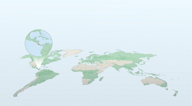 World map in perspective showing the location of the country Costa Rica with detailed map with flag of Costa Rica