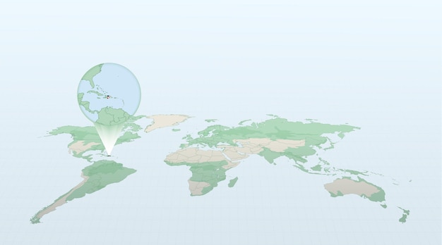 World map in perspective showing the location of the country Dominican Republic with detailed map with flag of Dominican Republic