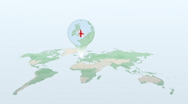 World map in perspective showing the location of the country England with detailed map with flag of England