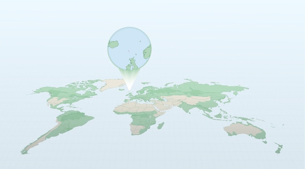 World map in perspective showing the location of the country Faroe Islands with detailed map with flag of Faroe Islands