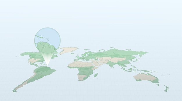 World map in perspective showing the location of the country Grenada with detailed map with flag of Grenada