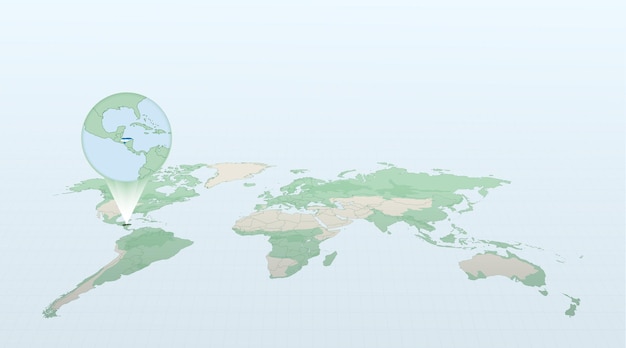 World map in perspective showing the location of the country Honduras with detailed map with flag of Honduras