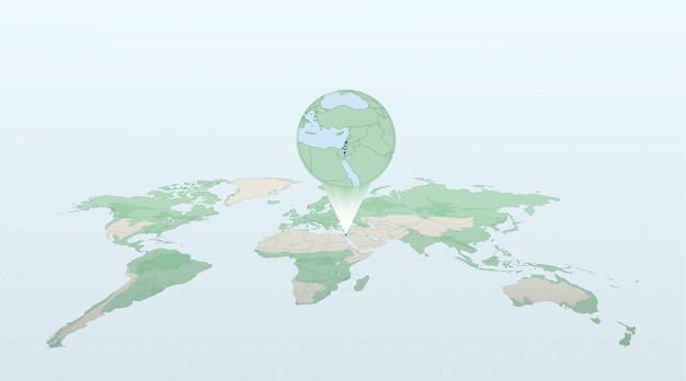 World map in perspective showing the location of the country Israel with detailed map with flag of Israel