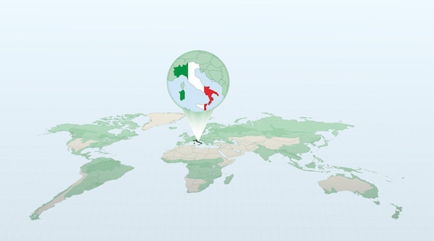 World map in perspective showing the location of the country Italy with detailed map with flag of Italy