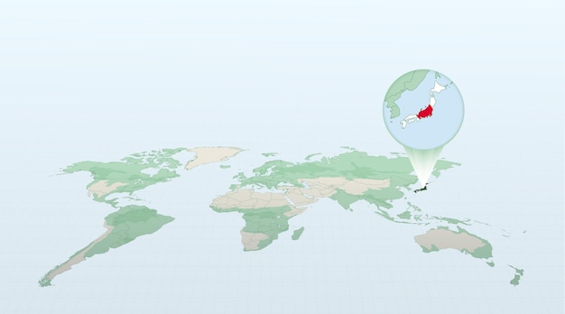 World map in perspective showing the location of the country Japan with detailed map with flag of Japan