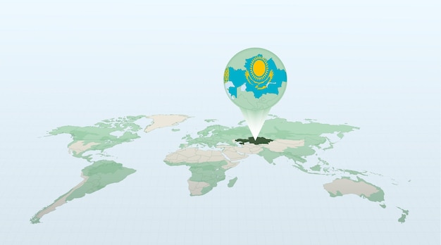 World map in perspective showing the location of the country Kazakhstan with detailed map with flag of Kazakhstan