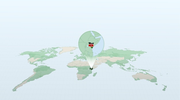 World map in perspective showing the location of the country Kenya with detailed map with flag of Kenya