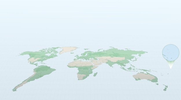 World map in perspective showing the location of the country Kiribati with detailed map with flag of Kiribati