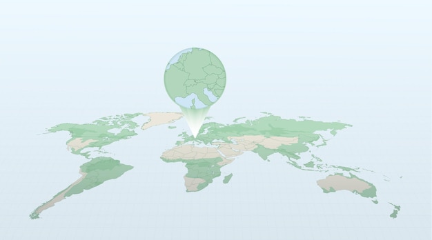 World map in perspective showing the location of the country Liechtenstein with detailed map with flag of Liechtenstein