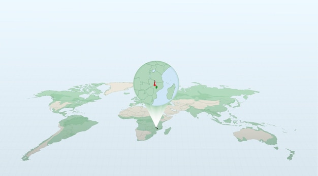 World map in perspective showing the location of the country Malawi with detailed map with flag of Malawi