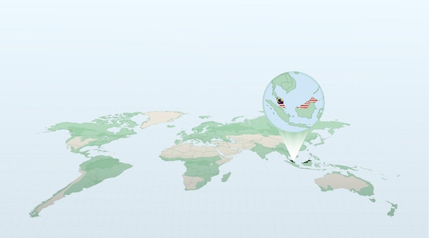 World map in perspective showing the location of the country Malaysia with detailed map with flag of Malaysia