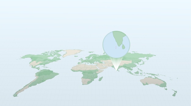 World map in perspective showing the location of the country Maldives with detailed map with flag of Maldives