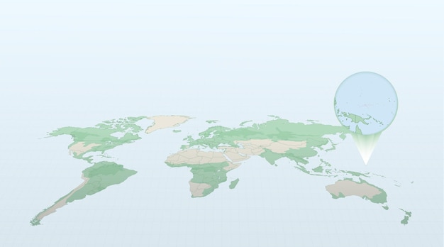 World map in perspective showing the location of the country Micronesia with detailed map with flag of Micronesia