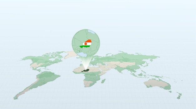 World map in perspective showing the location of the country Niger with detailed map with flag of Niger