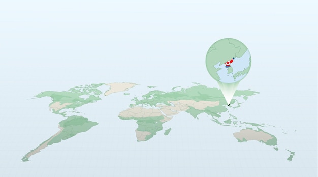 World map in perspective showing the location of the country North Korea with detailed map with flag of North Korea