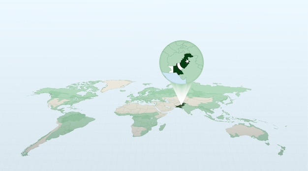 World map in perspective showing the location of the country Pakistan with detailed map with flag of Pakistan