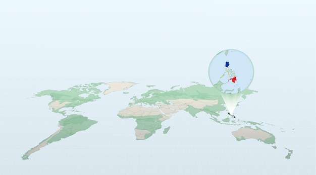 World map in perspective showing the location of the country Philippines with detailed map with flag of Philippines