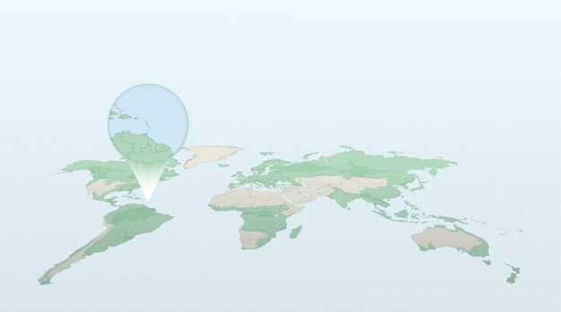 World map in perspective showing the location of the country Saint Lucia with detailed map with flag of Saint Lucia