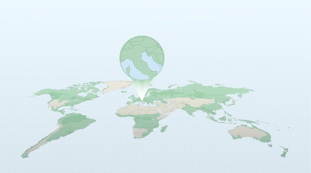 World map in perspective showing the location of the country San Marino with detailed map with flag of San Marino