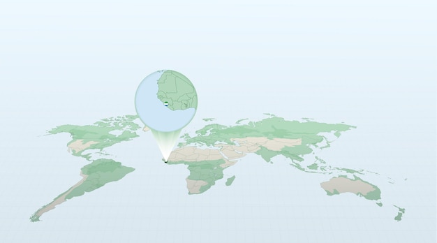 World map in perspective showing the location of the country Sierra Leone with detailed map with flag of Sierra Leone