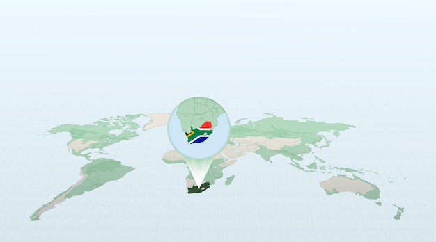 World map in perspective showing the location of the country South Africa with detailed map with flag of South Africa