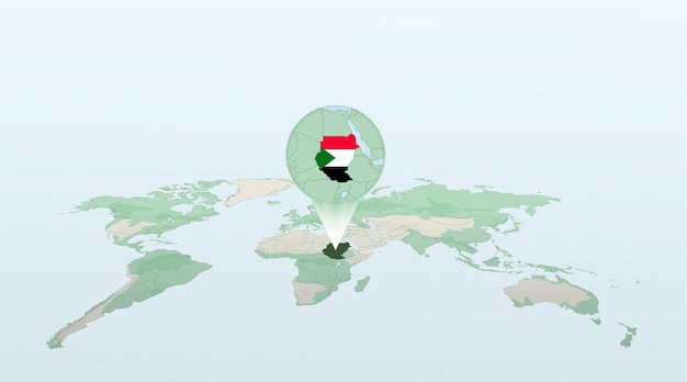 World map in perspective showing the location of the country Sudan with detailed map with flag of Sudan