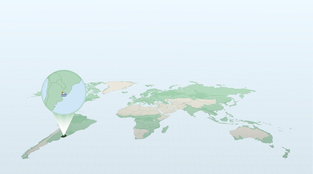 World map in perspective showing the location of the country Uruguay with detailed map with flag of Uruguay