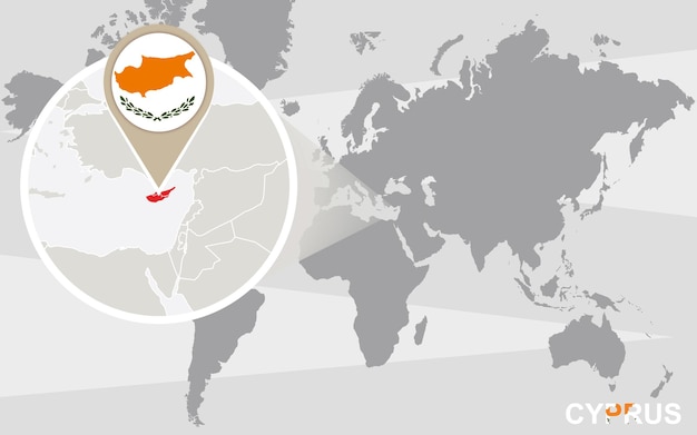 World map with magnified Cyprus. Cyprus flag and map.