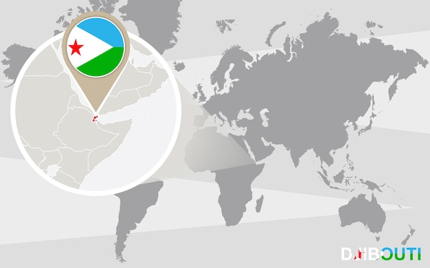 World map with magnified Djibouti. Djibouti flag and map.