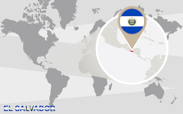 World map with magnified El Salvador. El Salvador flag and map.