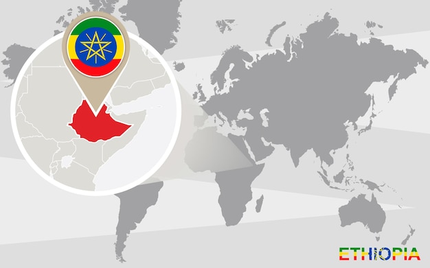 World map with magnified Ethiopia. Ethiopia flag and map.