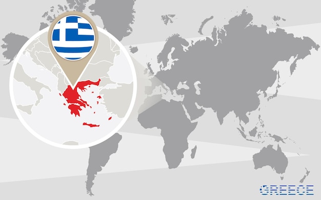 World map with magnified Greece. Greece flag and map.