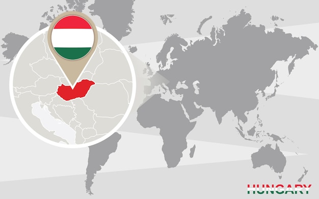 World map with magnified Hungary. Hungary flag and map.