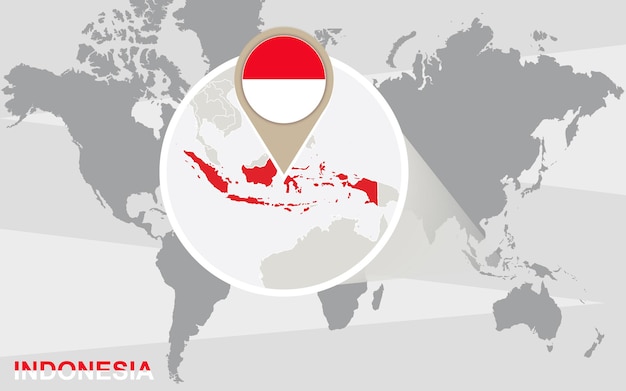 World map with magnified Indonesia. Indonesia flag and map.