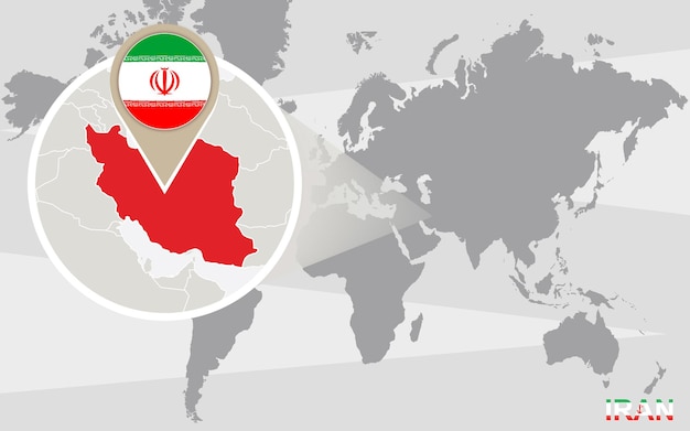 World map with magnified Iran. Iran flag and map.