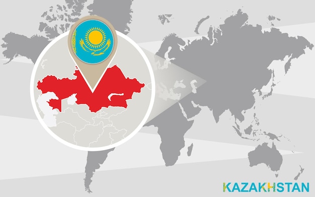 World map with magnified Kazakhstan. Kazakhstan flag and map.