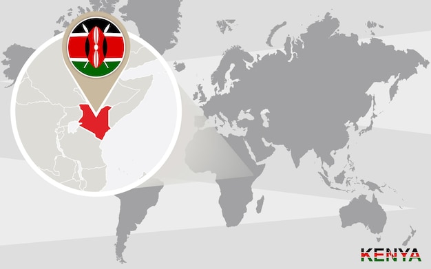 World map with magnified Kenya. Kenya flag and map.