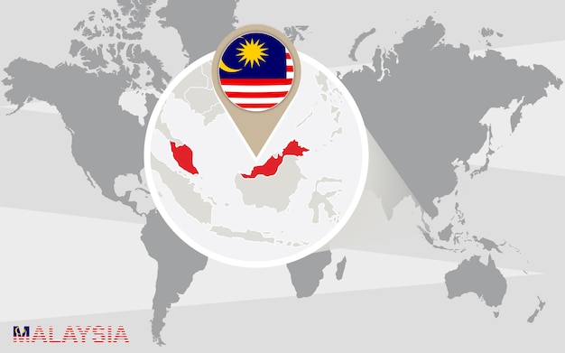 World map with magnified Malaysia. Malaysia flag and map.