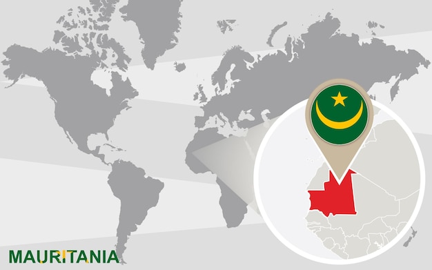 World map with magnified Mauritania. Mauritania flag and map.