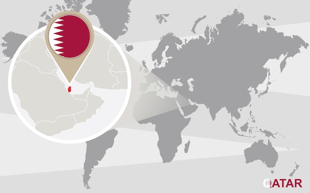 World map with magnified Qatar. Qatar flag and map.