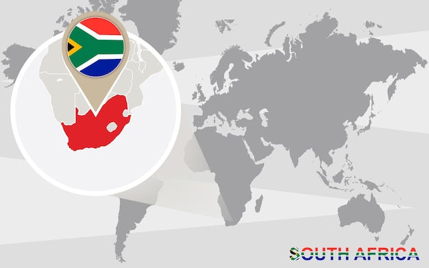 World map with magnified South Africa. South Africa flag and map.