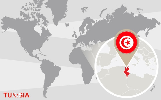 World map with magnified Tunisia. Tunisia flag and map.